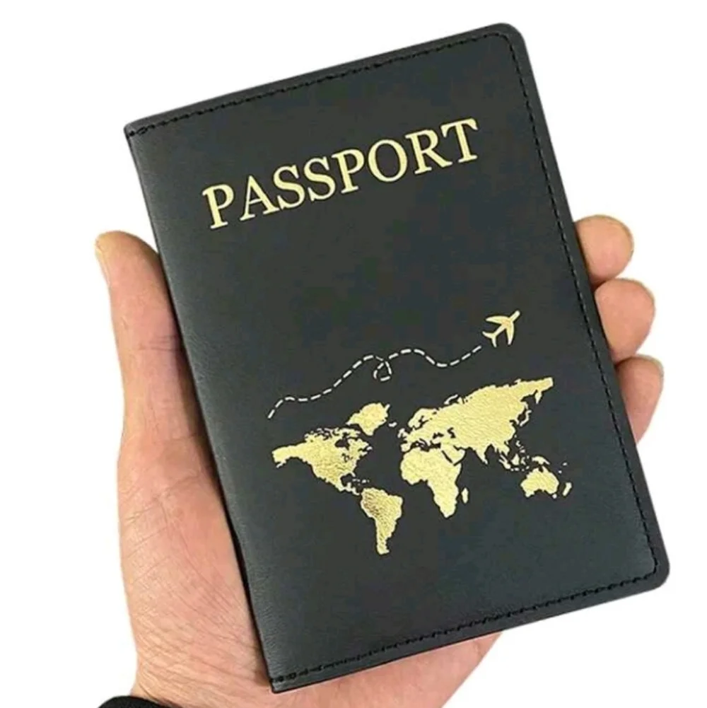 Black Passport Holder Faux Leather Cover with Gold World Map